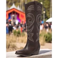 Women's Western Cowboy Boots with Embroidered Design – Stylish Brown Block Heel Boots for Music Festivals, Casual Wear & Outdoor Events