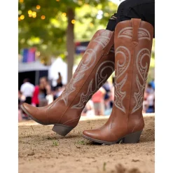 Women's Western Cowboy Boots with Embroidered Design – Stylish Brown Block Heel Boots for Music Festivals, Casual Wear & Outdoor Events