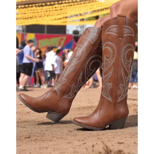 Women's Western Cowboy Boots with Embroidered Design – Stylish Brown Block Heel Boots for Music Festivals, Casual Wear & Outdoor Events