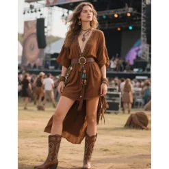 Women's Western Cowboy Boots with Embroidered Design – Stylish Brown Block Heel Boots for Music Festivals, Casual Wear & Outdoor Events