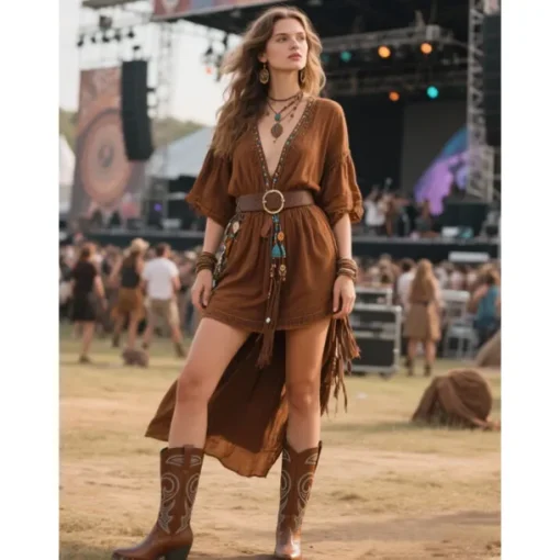 Women's Western Cowboy Boots with Embroidered Design – Stylish Brown Block Heel Boots for Music Festivals, Casual Wear & Outdoor Events