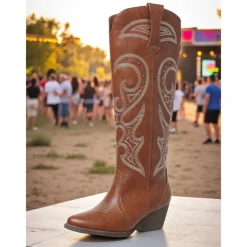 Women's Western Cowboy Boots with Embroidered Design – Stylish Brown Block Heel Boots for Music Festivals, Casual Wear & Outdoor Events