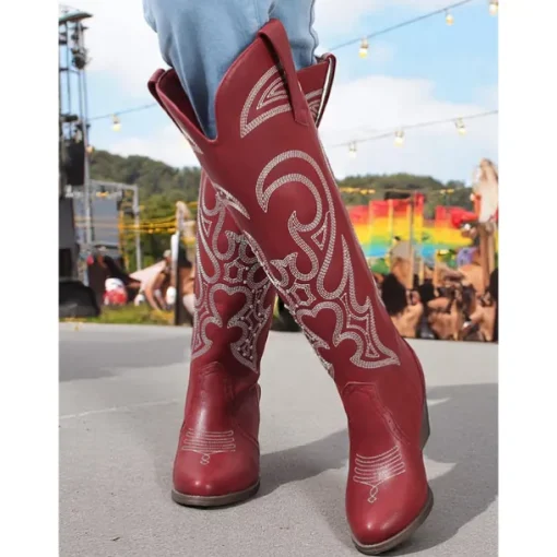 Women's Western Cowboy Boots with Embroidered Design – Stylish Brown Block Heel Boots for Music Festivals, Casual Wear & Outdoor Events