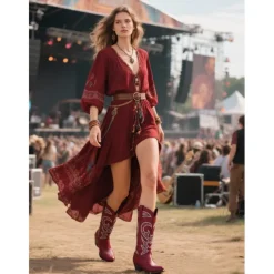 Women's Western Cowboy Boots with Embroidered Design – Stylish Brown Block Heel Boots for Music Festivals, Casual Wear & Outdoor Events