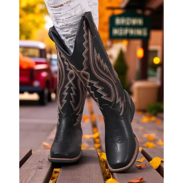 Women's Western Cowboy Boots with Embroidered Stitching – Faux Leather Mid-Calf Boots for Fall Festivals, Farm Work & Country Outfits