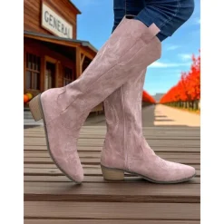 Women's Western Suede Knee High Cowboy Boots – Embroidered Tan Pointed Toe Mid Heel Riding Boots for Country Concerts, Fall Outfits, and Outdoor Events