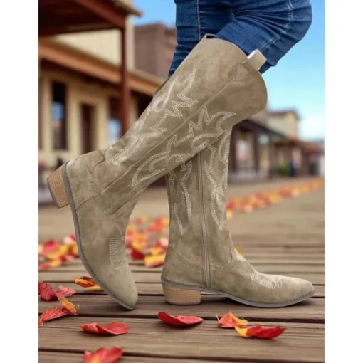 Women's Western Suede Knee High Cowboy Boots – Embroidered Tan Pointed Toe Mid Heel Riding Boots for Country Concerts, Fall Outfits, and Outdoor Events
