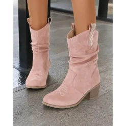 Women's Western-Inspired Cream Slouchy Suede Cowboy Boots with Low Block Heel - Perfect for Casual Wear