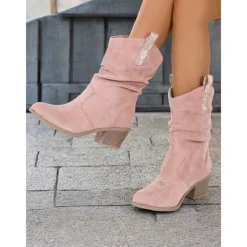 Women's Western-Inspired Cream Slouchy Suede Cowboy Boots with Low Block Heel - Perfect for Casual Wear