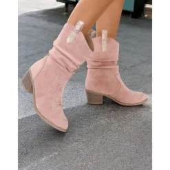 Women's Western-Inspired Cream Slouchy Suede Cowboy Boots with Low Block Heel - Perfect for Casual Wear