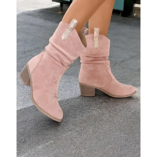Women's Western-Inspired Cream Slouchy Suede Cowboy Boots with Low Block Heel - Perfect for Casual Wear