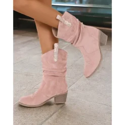 Women's Western-Inspired Cream Slouchy Suede Cowboy Boots with Low Block Heel - Perfect for Casual Wear