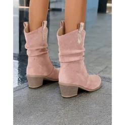 Women's Western-Inspired Cream Slouchy Suede Cowboy Boots with Low Block Heel - Perfect for Casual Wear