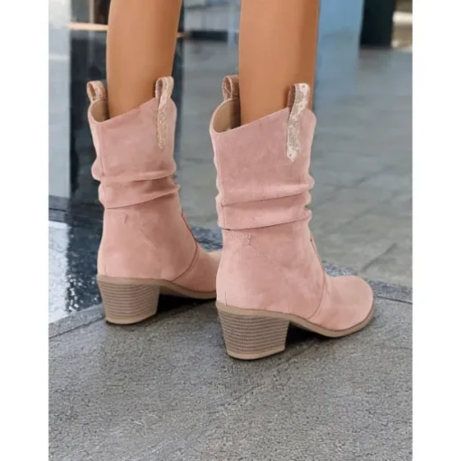 Women's Western-Inspired Cream Slouchy Suede Cowboy Boots with Low Block Heel - Perfect for Casual Wear