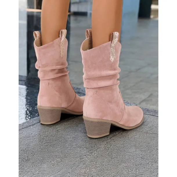 Women's Western-Inspired Cream Slouchy Suede Cowboy Boots with Low Block Heel - Perfect for Casual Wear
