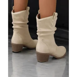 Women's Western-Inspired Cream Slouchy Suede Cowboy Boots with Low Block Heel - Perfect for Casual Wear