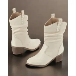 Women's Western-Inspired Cream Slouchy Suede Cowboy Boots with Low Block Heel - Perfect for Casual Wear