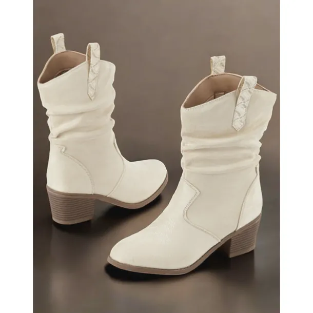Women's Western-Inspired Cream Slouchy Suede Cowboy Boots with Low Block Heel - Perfect for Casual Wear