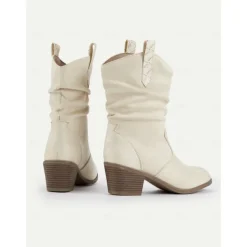Women's Western-Inspired Cream Slouchy Suede Cowboy Boots with Low Block Heel - Perfect for Casual Wear