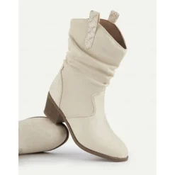 Women's Western-Inspired Cream Slouchy Suede Cowboy Boots with Low Block Heel - Perfect for Casual Wear
