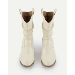 Women's Western-Inspired Cream Slouchy Suede Cowboy Boots with Low Block Heel - Perfect for Casual Wear