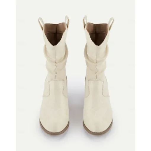 Women's Western-Inspired Cream Slouchy Suede Cowboy Boots with Low Block Heel - Perfect for Casual Wear