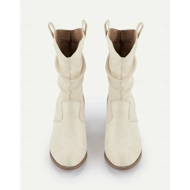Women's Western-Inspired Cream Slouchy Suede Cowboy Boots with Low Block Heel - Perfect for Casual Wear