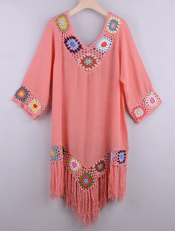 Women's White Beach Dress Mini Dress Ruffle Patchwork Vacation Beach Sexy Boho V Neck 3/4 Length Sleeve Black White Red Color
