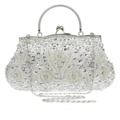 Women's White Beaded Evening Clutch Purse – Vintage Sequin Embroidered Handbag for Weddings, Formal Events, and Cocktail Parties