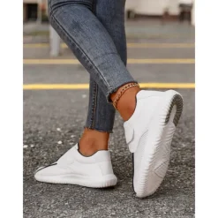 Women's White Breathable Mesh Sneakers with Velcro Strap – Lightweight Athletic Shoes for Walking and Fitness