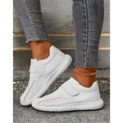 Women's White Breathable Mesh Sneakers with Velcro Strap – Lightweight Athletic Shoes for Walking and Fitness