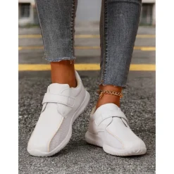Women's White Breathable Mesh Sneakers with Velcro Strap – Lightweight Athletic Shoes for Walking and Fitness