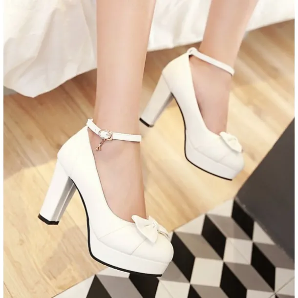 Women's White Chunky Heels with Bow Detail – Elegant Platform Pumps with Ankle Strap for Weddings and Formal Occasions