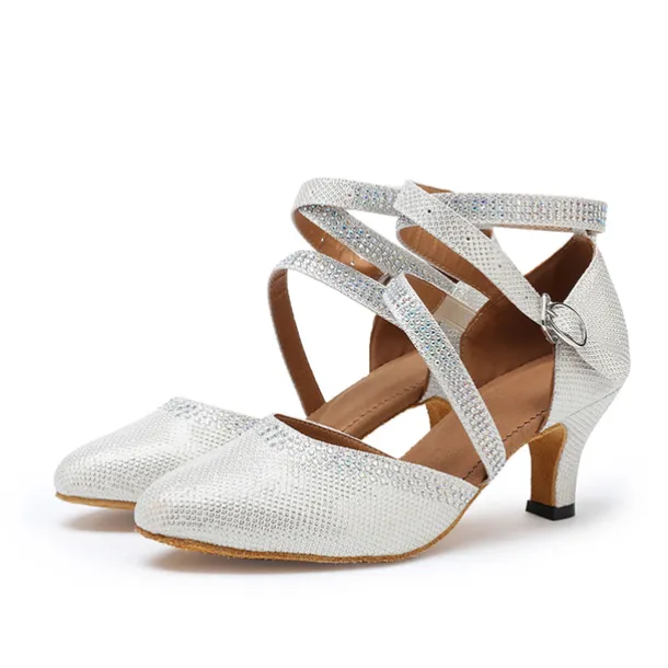 Women's White Crystal - Encrusted Strappy Dance Shoes, Soft Suede Sole & Round Toe, Elegant for Ballroom & Latin Dance