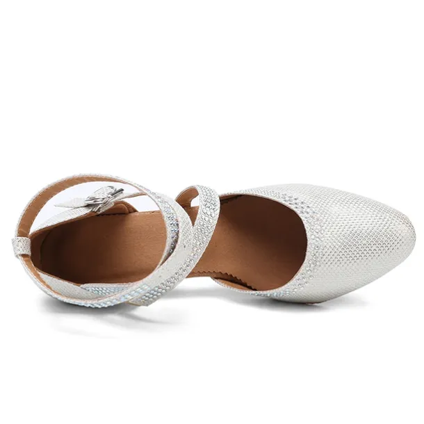Women's White Crystal - Encrusted Strappy Dance Shoes, Soft Suede Sole & Round Toe, Elegant for Ballroom & Latin Dance