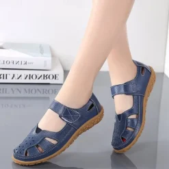 Women's White Cut-Out Faux Leather Sandals with Velcro Strap – Comfortable Casual Walking Shoes for Summer