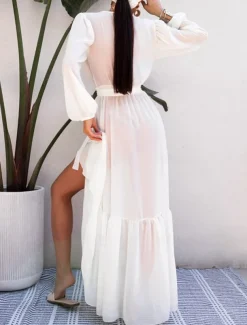 Women's White Dress Maxi Dress Chiffon Lace up Split Date Vacation Casual V Neck Long Sleeve Black White Blue Color