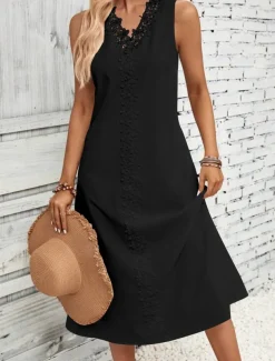 Women's White Dress Midi Dress Cotton Lace Patchwork Date Vacation Streetwear Basic V Neck Sleeveless Black White Color
