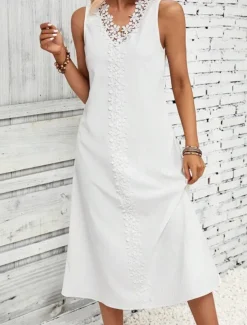 Women's White Dress Midi Dress Cotton Lace Patchwork Date Vacation Streetwear Basic V Neck Sleeveless Black White Color