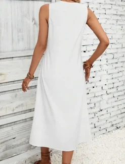 Women's White Dress Midi Dress Cotton Lace Patchwork Date Vacation Streetwear Basic V Neck Sleeveless Black White Color