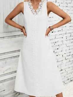 Women's White Dress Midi Dress Cotton Lace Patchwork Date Vacation Streetwear Basic V Neck Sleeveless Black White Color