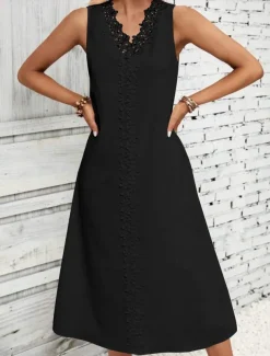 Women's White Dress Midi Dress Cotton Lace Patchwork Date Vacation Streetwear Basic V Neck Sleeveless Black White Color