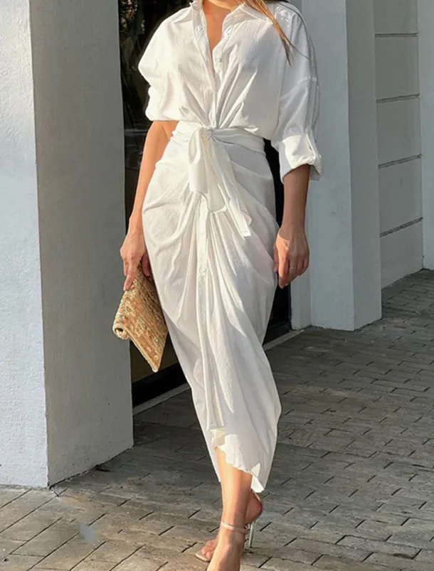 Women's White Dress Shirt Dress Casual Dress Maxi long Dress Date Vacation Basic Modern Shirt Collar Ruched 3/4 Length Sleeve Summer Spring Loose Fit Plain