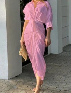 Women's White Dress Shirt Dress Casual Dress Maxi long Dress Date Vacation Basic Modern Shirt Collar Ruched 3/4 Length Sleeve Summer Spring Loose Fit Plain