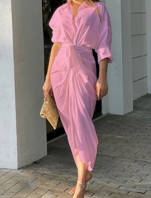 Women's White Dress Shirt Dress Casual Dress Maxi long Dress Date Vacation Basic Modern Shirt Collar Ruched 3/4 Length Sleeve Summer Spring Loose Fit Plain