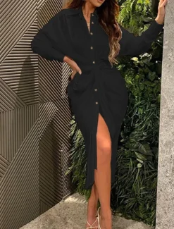 Women's White Dress Shirt Dress Bodycon Maxi long Dress Cocktail Party Sexy Formal Shirt Collar Button Long Sleeve Summer Spring Slim Plain