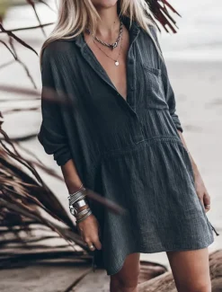 Women's White Dress Shirt Dress Mini Dress Date Vacation Basic Modern Shirt Collar Button Pocket Long Sleeve Summer Spring Loose Fit Plain
