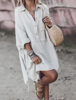 Women's White Dress Shirt Dress Mini Dress Date Vacation Basic Modern Shirt Collar Button Pocket Long Sleeve Summer Spring Loose Fit Plain