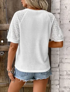 Women's White Elegant Lace Tops Eyelet Blouse Plain Lace Street Daily Romantic Petite Tops Summer Holiday Wear Fashion Round Neck Regular Fit Semi Formal Blouses