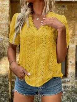 Women's White Elegant Lace Tops Eyelet Blouse Casual Solid Color Regular Tops Short Sleeve V Neck Lace Eyelet Regular Fit Daily White Yellow Romantic Petite Tops Summer Holiday Wear